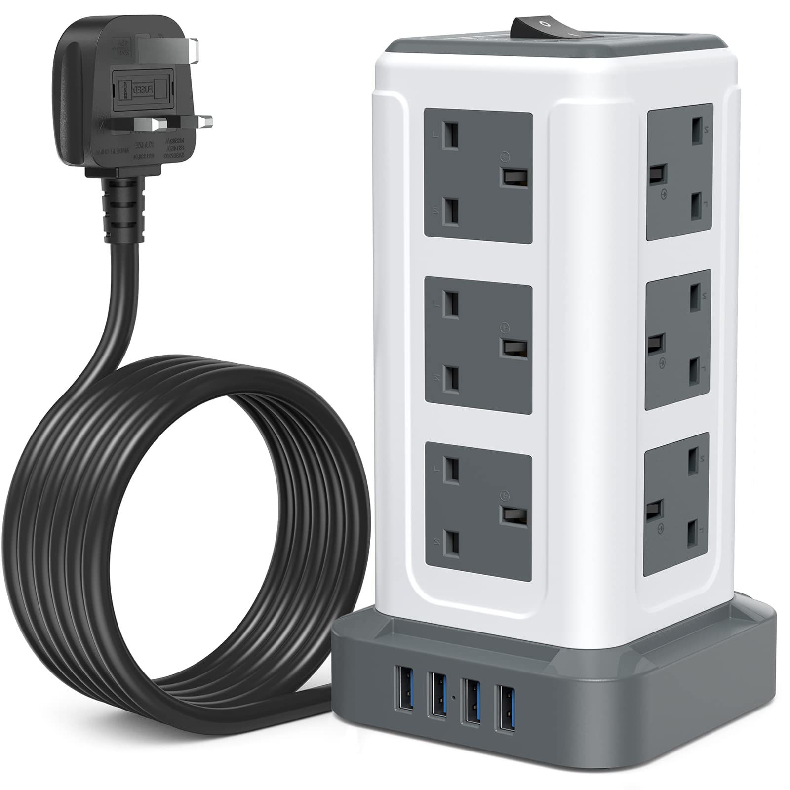 Tower Extension Lead, Vertical Power Strip 3250W 13A , Multi Plug Socket with Surge Protection with 4 USB Ports, 12 AC Outlets, Tower Plug Extension with 3M Power Cable for Home/ Office, Grey