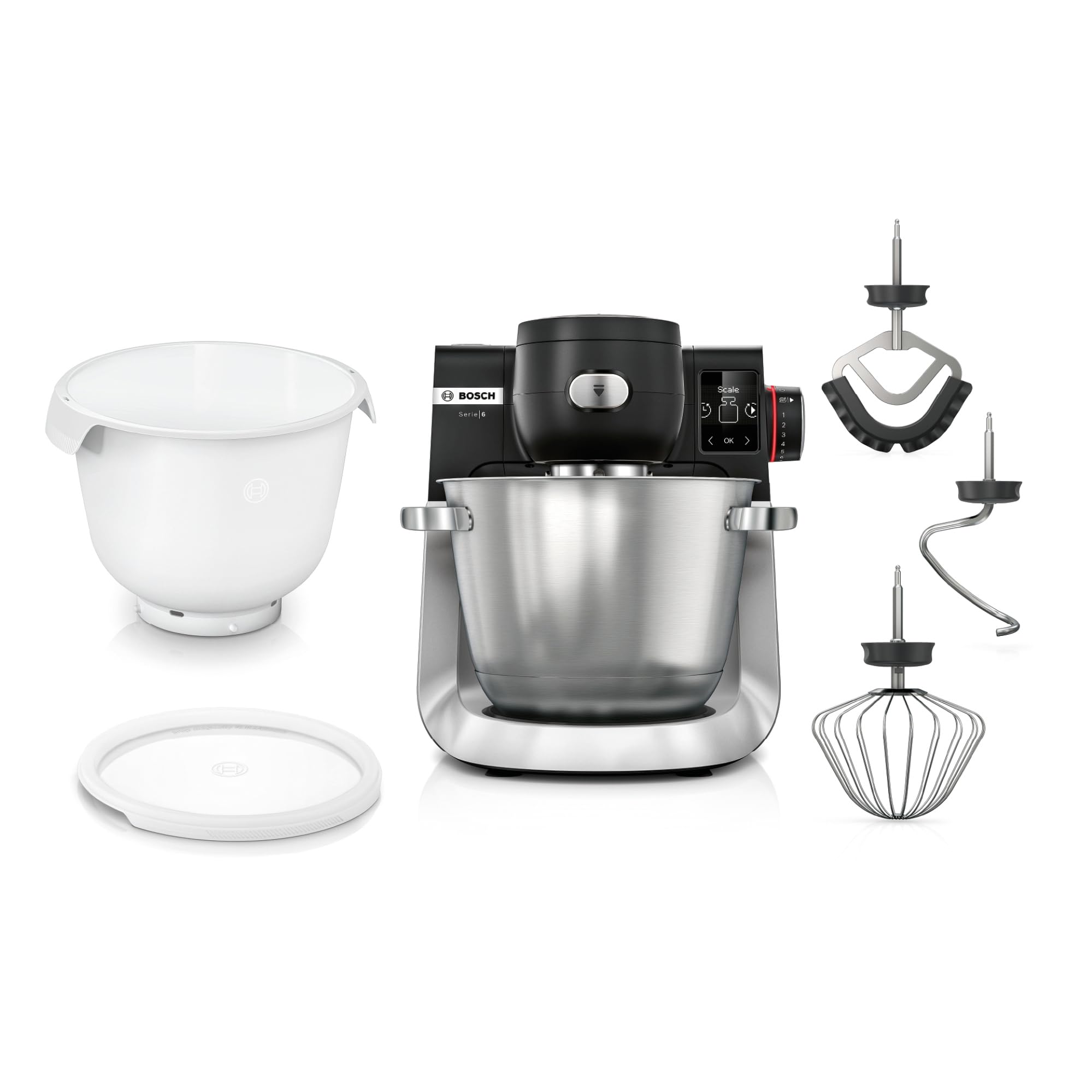 Bosch Küchenmaschine Serie 6, 2 Schüsseln 5,5 l (Edelstahl, Kunststoff), integr Waage, 7 Automatikprogramme, 7 Stufen, Planetenrührwerk, Knethaken/Rühr-/Silikonbesen spülmaschinenfest, MUMS6ZS18 Kunststoffschüssel Schwarz