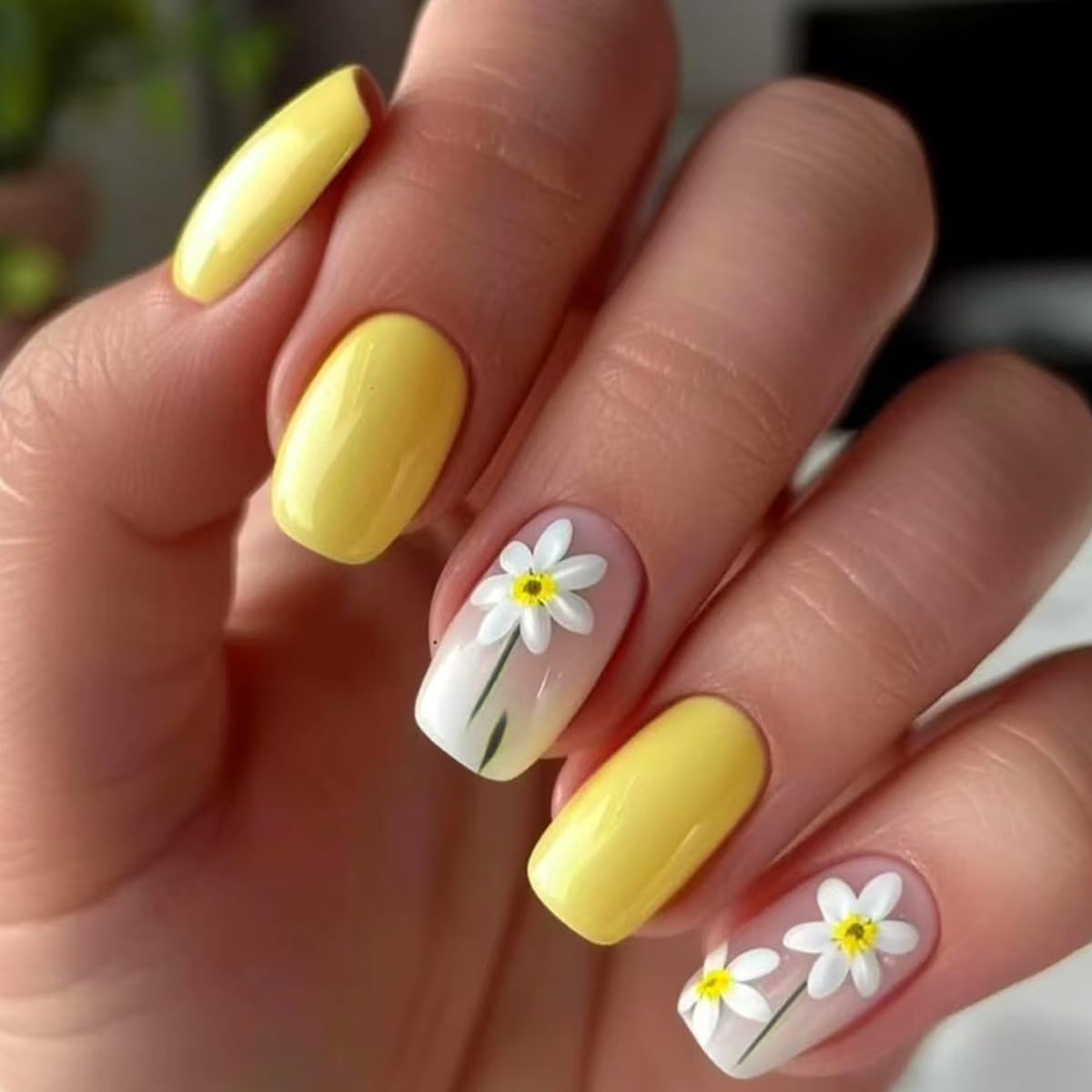 24 Pcs Yellow Press On Nails Short Square,YEFIUO Spring Summer Floral Pink Fake Nails Press ons Nail Art Tips Acrylic Nail Kit Glue on Nails Full
