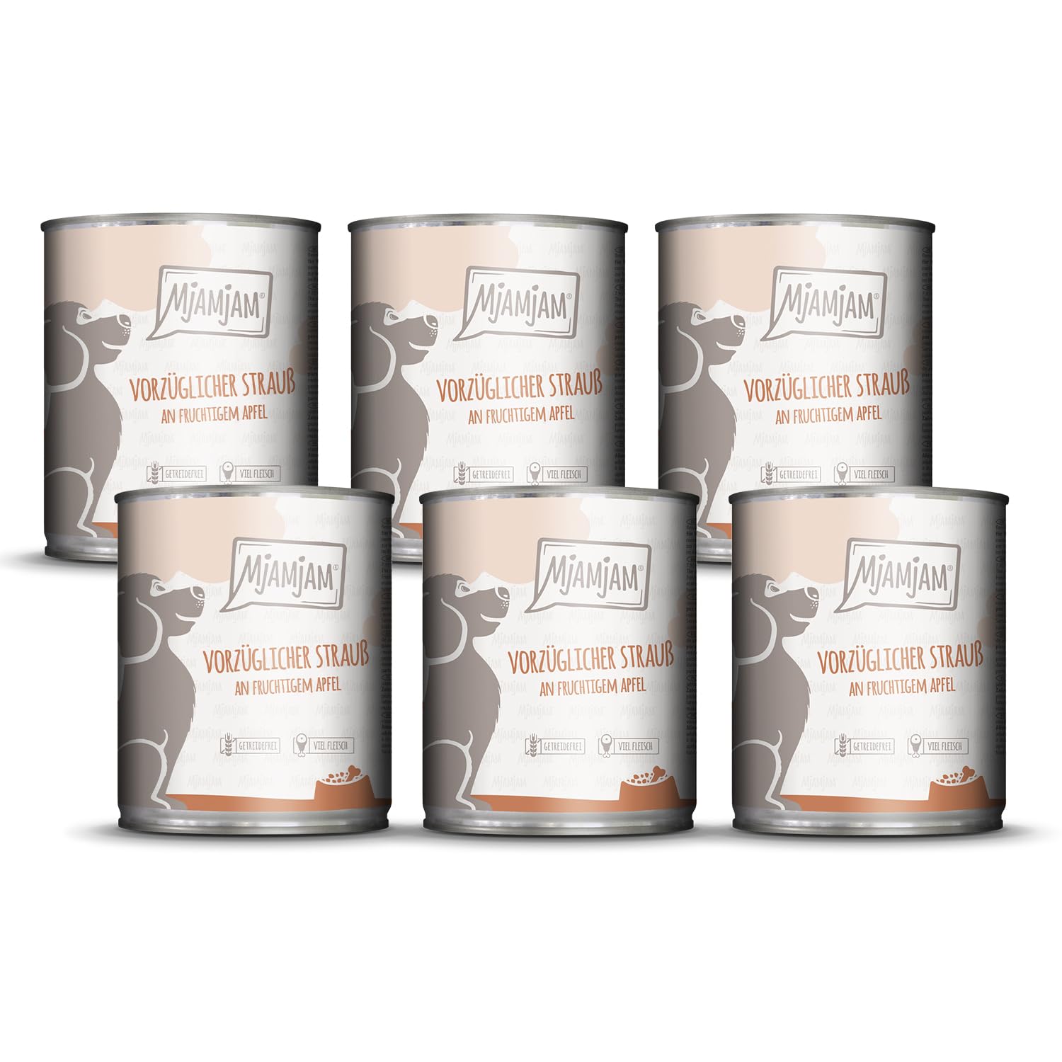 MjAMjAM - Premium Nassfutter für Hunde - vorzüglicher Strauß an fruchtigem Apfel, 6er Pack (6 x 800g), getreidefrei mit extra viel Fleisch