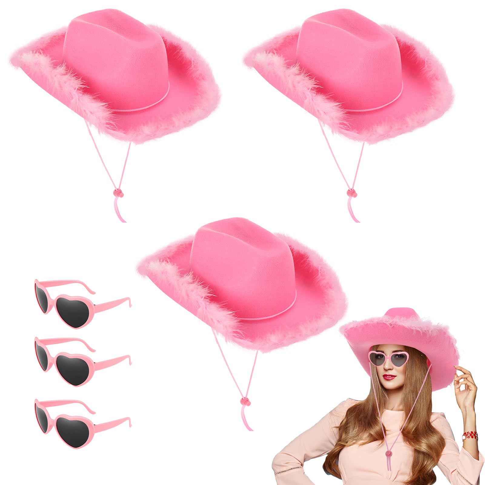 Fuyamp 3 sombreros de vaquero con 3 gafas de sol en forma de corazón, juego de accesorios de disfraz de vaquero del salvaje oeste para mujer, sombrero de vaquera con ala de plumas esponjosas para