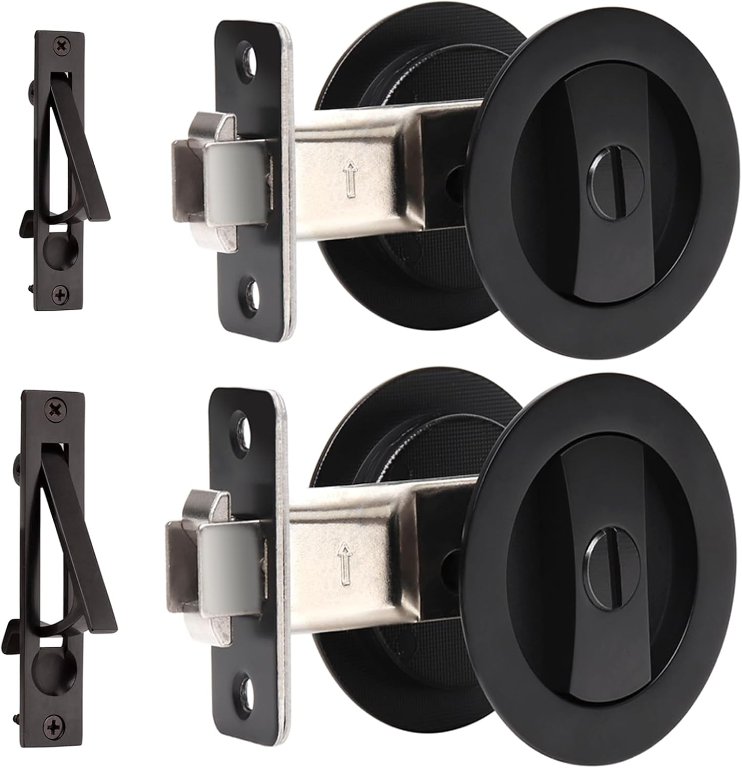 Dontay 2 Pack Pocket Door Privacy Lock, Flush Handles, 2-3/8" Backset, (Bed/Bath) Latch, Recessed Knob, Hardware for 1 3/8” to 2 3/16” Thickness Door (Including Edge Pull, Matte Black, Round)