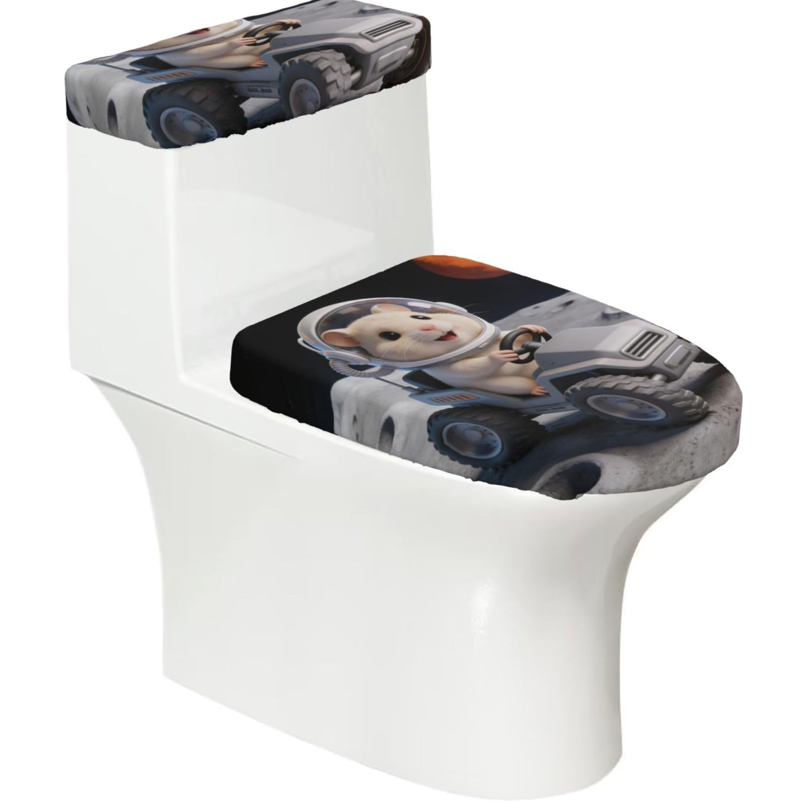 Hamster Elastic Toilet Cover Set of 2-Stretchy Lid and Tank Covers for Bathroom, Soft Washable U Shape Toilet Decor