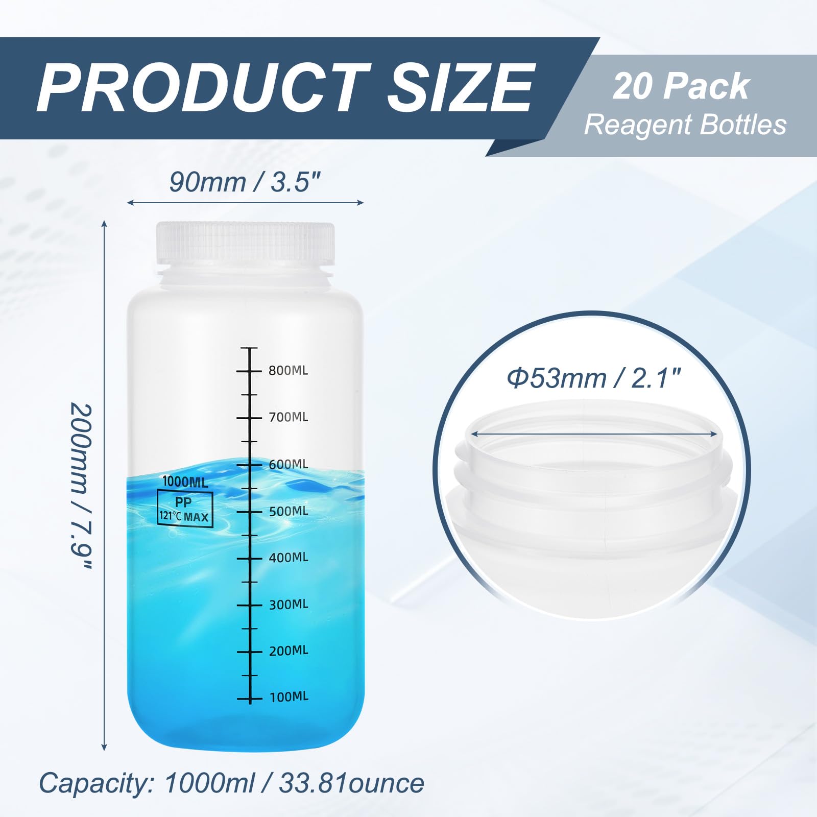 PATIKIL 20 Pcs Botellas De Muestra De Plástico Con Tapa Roscada 34 oz 1000ml Bote De Reactivo De Boca Ancha Envases De Muestra Transparentes De PP Con Tapa Transparente