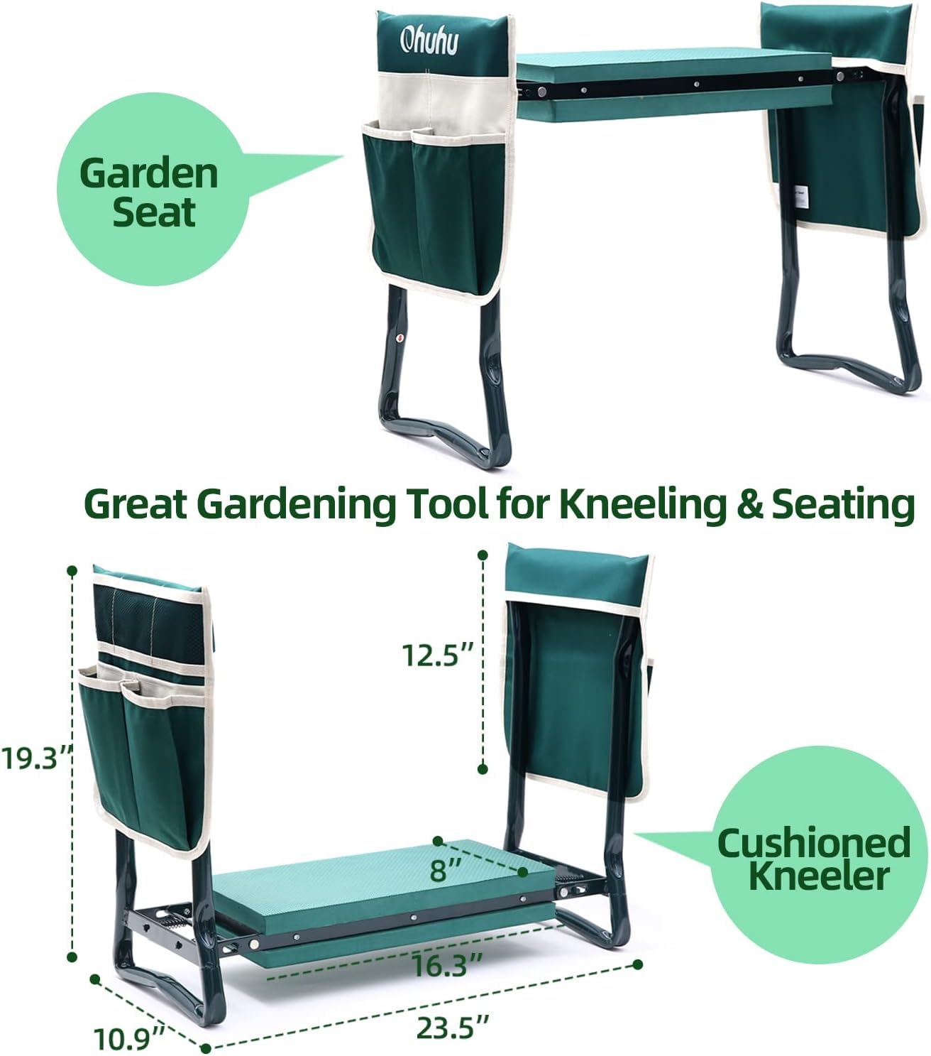 Ohuhu Garden Kneeler and Seat Heavy Duty, Upgraded Gardening Stool with Thicker and Wider EVA Foam Kneeling Pad Foldable Garden Bench with 2 Large Tools Pouches, Ideal Gardening Gifts for Women Men