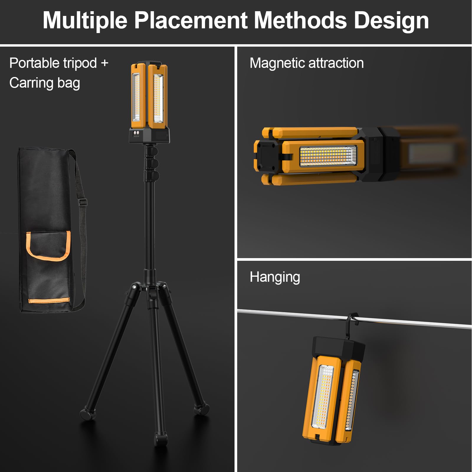 Projecteur de Chantier Solaire à LED Avec Trépied, Lampe de Chantier à Batterie Rechargeable 13200 mAh, Luminosité Maximale Jusqu'à 8000 Lumens(orange）
