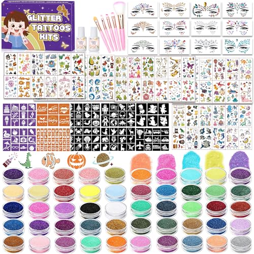 TEUVO 50 Farben Glitzer Tattoo Set Kinder mit 128 Schablonen, 12 Gesichtsjuwelen, 5 Pinseln, 300+ Verschiedenen Tattoo-Motiven, Mädchen Jungen Temporäres Tattoo für Halloween Karneval Geburtstag