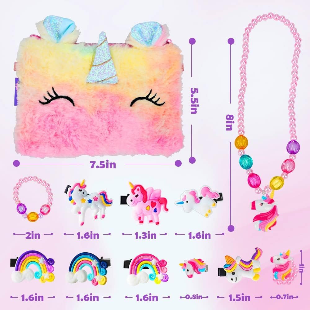 Peluche Bolso Bandolera, Regalos de Unicornio Joyas Set Accesorios con Clips de Pelo de Unicornio Arcoiris Collar Pulsera Anillo Pendiente para Niñas Vestirse y Juego de Roles