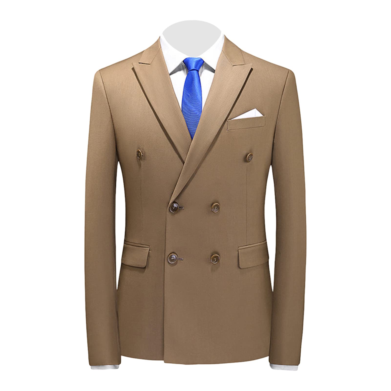 Men's Slim Fit Double Breasted Jacket Slim Fit Business Daily Prom Blazer Peak Lapel Groom Wedding Party Suit Coat (Khaki,5X-Large)