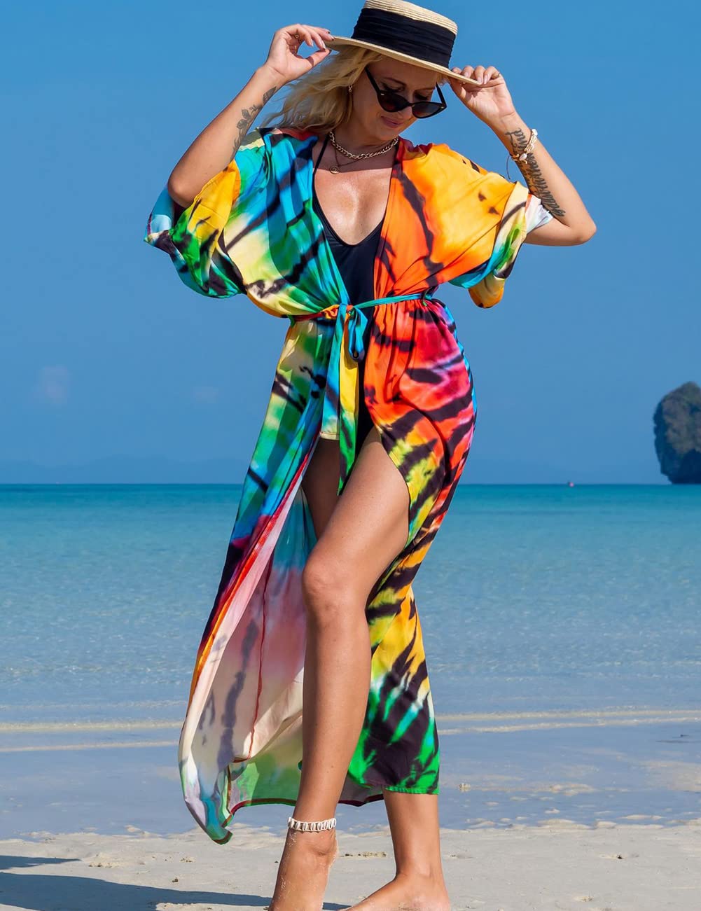 Damskie kimono, kardigan, letnia sukienka plażowa, długie ponczo plażowe, maxi pareo, nadruk kwiatowy, Kolor 24, jeden rozmiar
