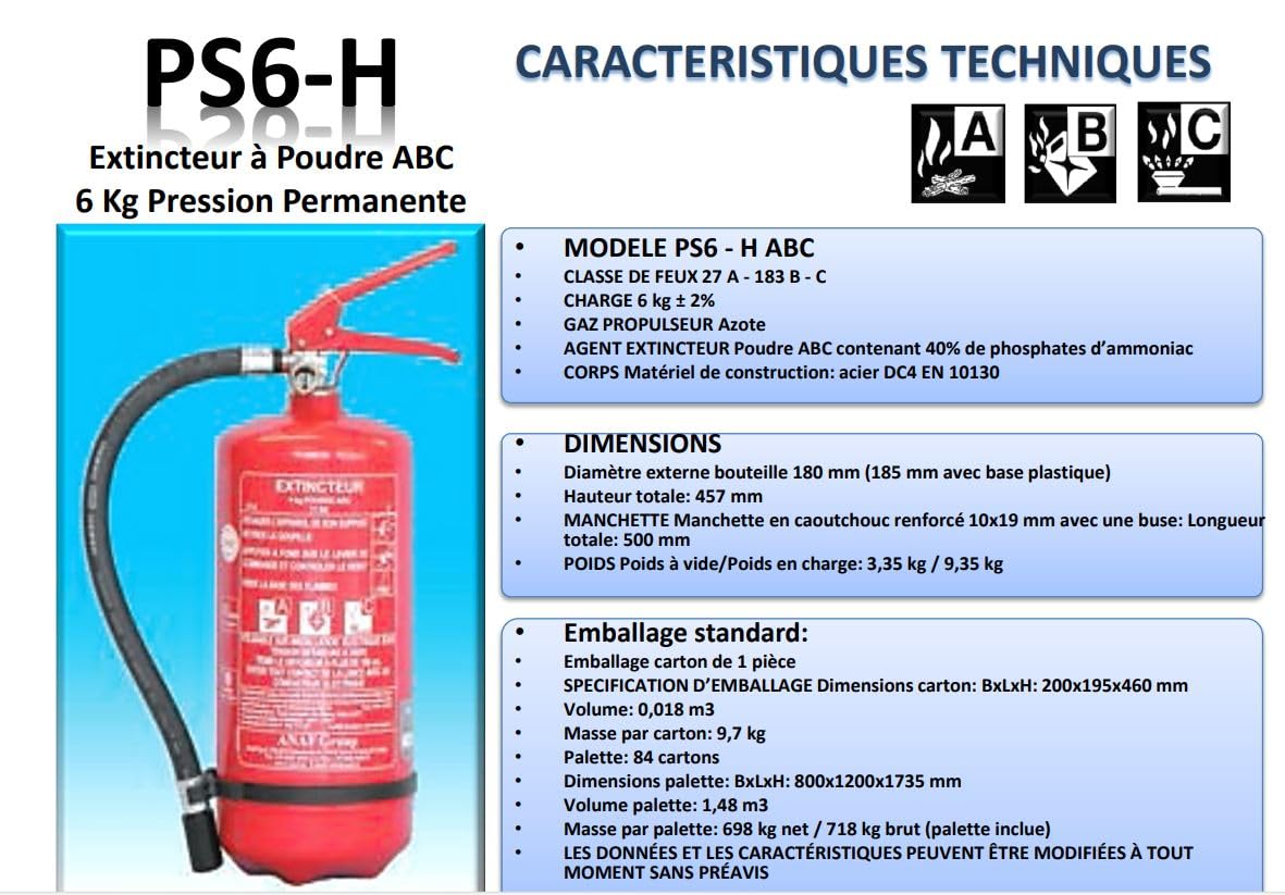 EXTINCTEUR 6KG Poudre ABC Norme NF avec Support Fire Shop