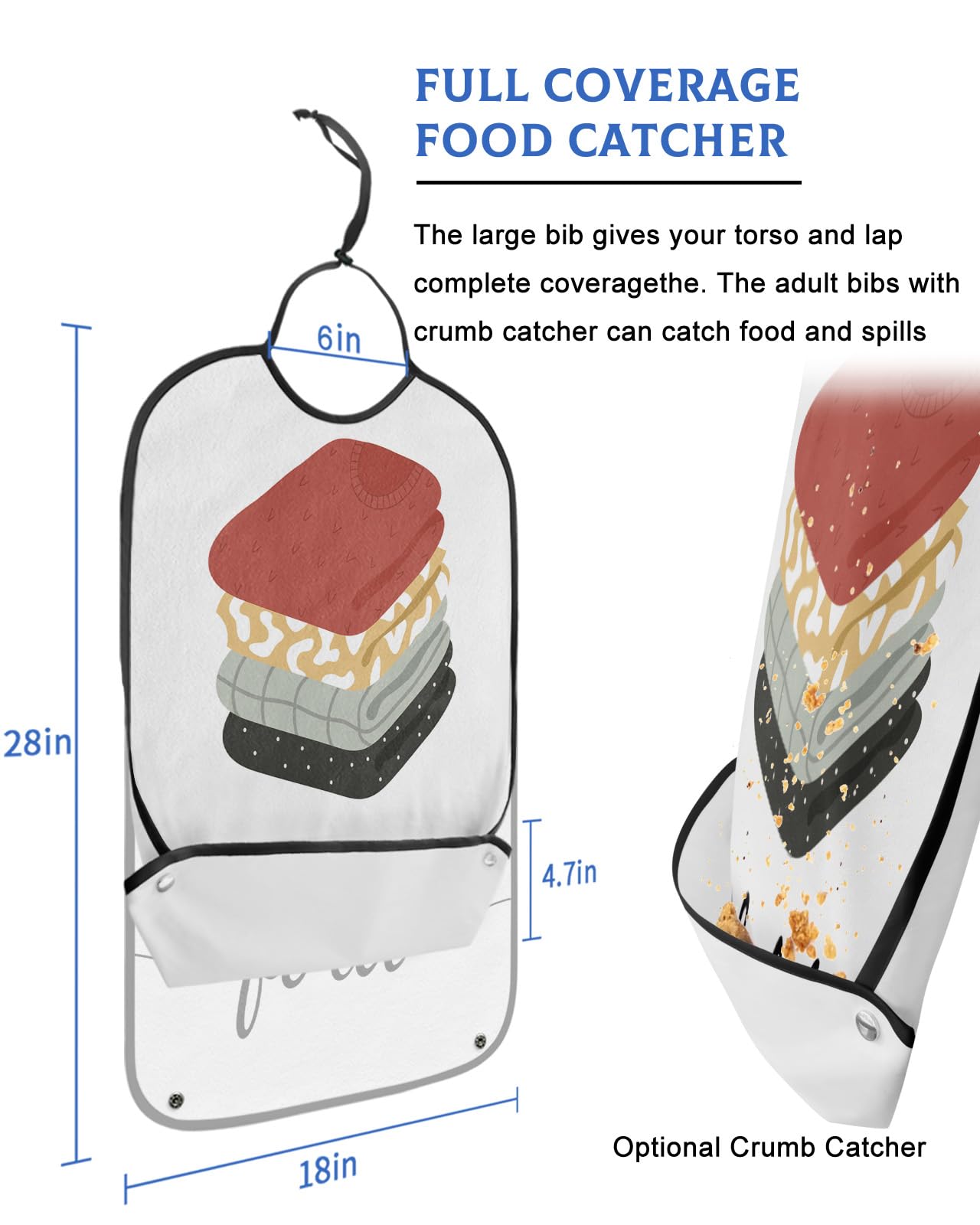 LEOKOTI Launday Room Adult Bibs for Eating, Waterproof Bibs with Food Catcher & Adjustable Snap Closure, Fold Clothes White Backdrop Washable Clothing Protectors Adult Bibs for Elderly Women/Men