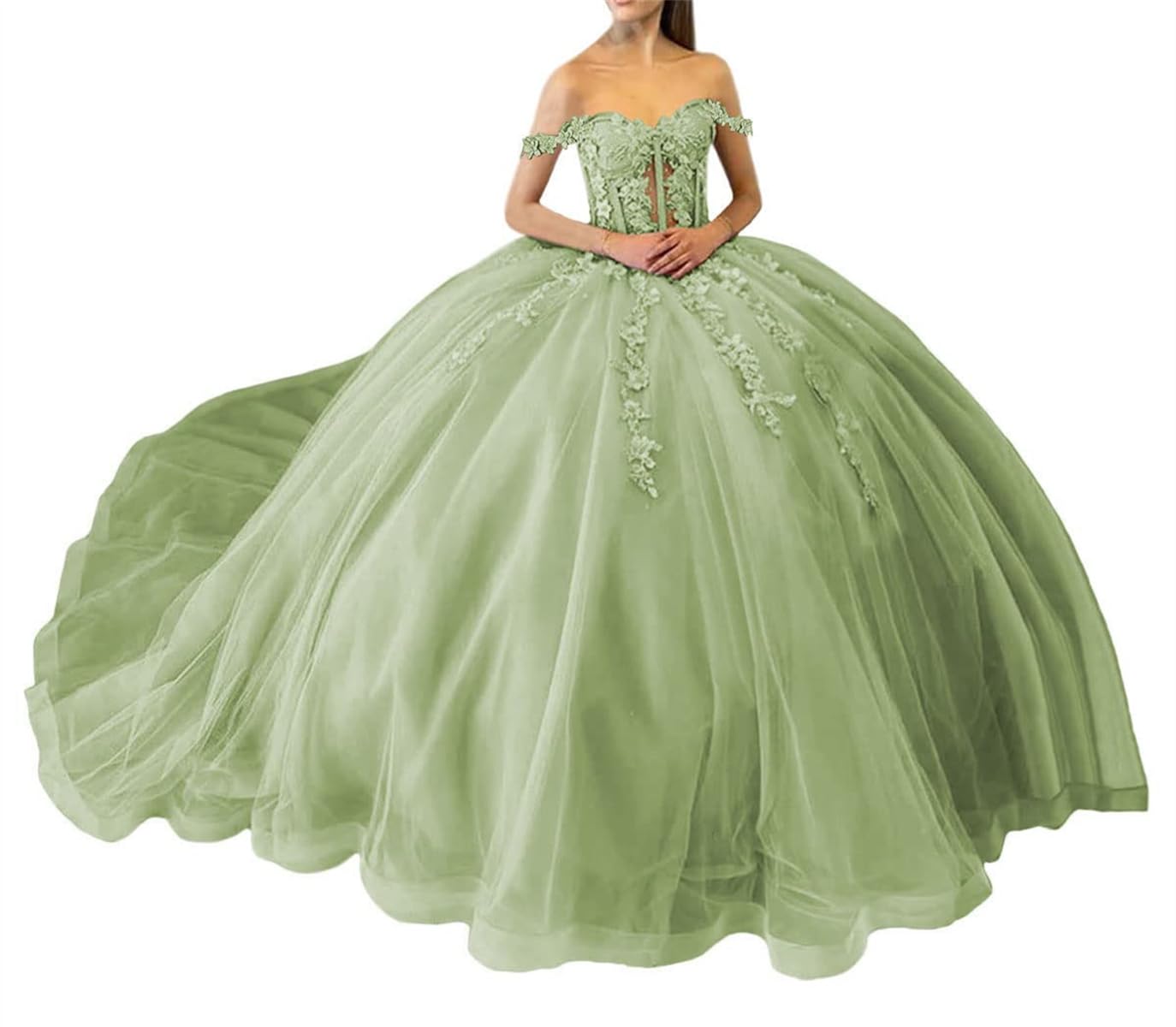 WSEYU Lace Pageant Gowns with Train Sequin Off Shoulder Puffy Tulle 16 Quinceanera Dresses for Women Lime Green UK18