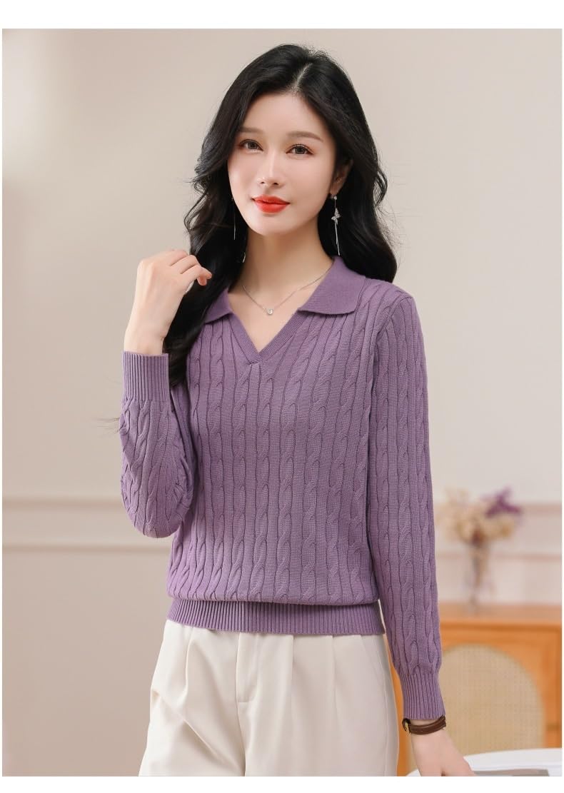 Maglioni da Donna con Scollo a V, Maglione Lavorato a trecce, Pullover Casual Elegante, Top Autunno Inverno alla Moda(Purple,L)