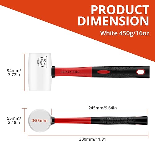 Miniatura 2 de GETLITOOL Mazo de goma de 16 onzas, martillo de goma blanco sin marcas con dos lados, mango de fibra de vidrio para instalación de azulejos, pisos,