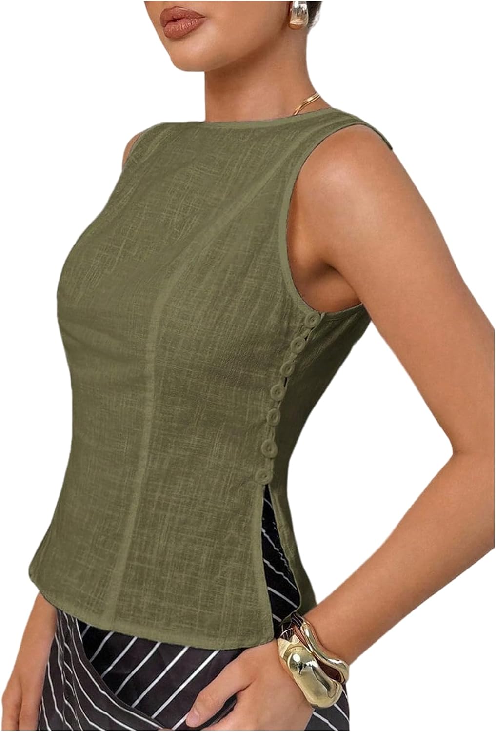 SweatyRocks Women's Side Slit Button Down Blouse Sleeveless Round Neck Casual Summer Going Out Tops