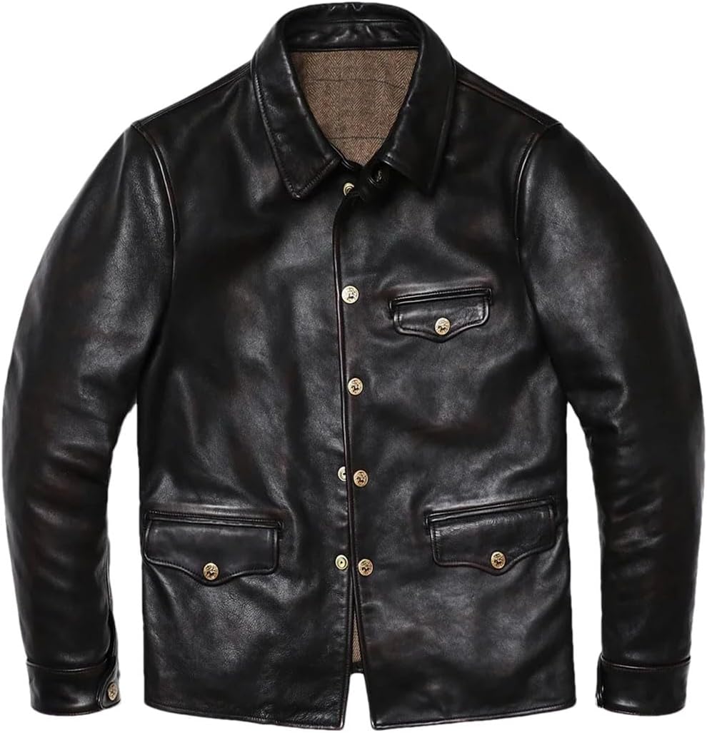 Men's Classical Brakeman Retro Natuarl Horsehide Leather Jacket Genuine Leather Vintage Style Single Breasted Clothing