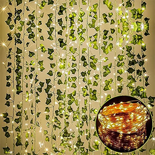 Image of MoonlitDreams Aesthetic Room Decor Kit with 4 Artificial Green Ivy Vines & 40FT Warm Fairy Lights | Pinterest-Inspired Wall Decoration for Bedroom, Living Room, Hostel & Study Room | Home Decor Gift
