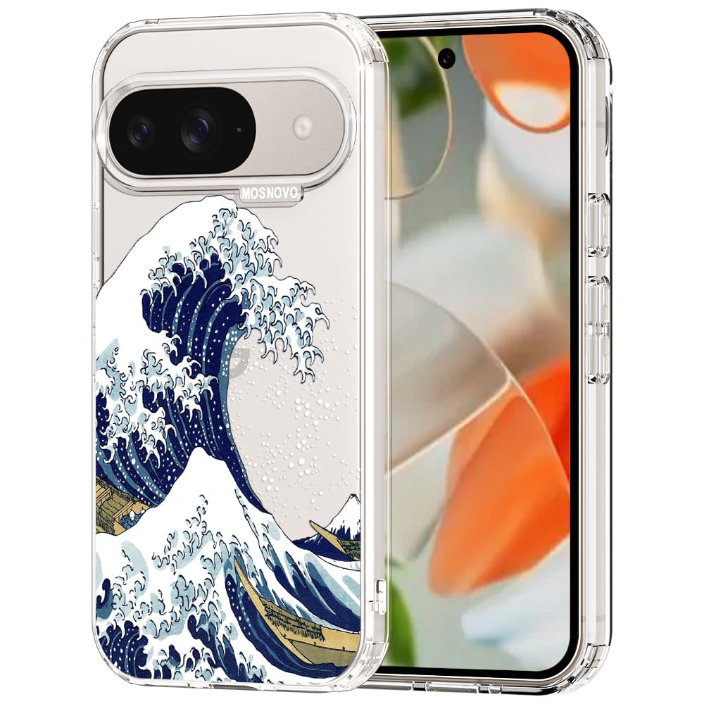 MOSNOVO Case for Google Pixel 9 & Pixel 9 Pro, [Buffertech 6.6ft Military-Grade Drop Protection] [Anti Peel Off Tech] Clear TPU Bumper Phone Case Cover Design - Great Wave