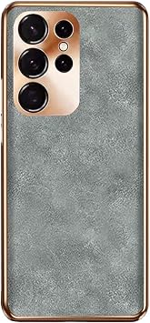 Leather Case for Samsung Galaxy S25 Ultra/S25 Plus/S25, Slim Luxury Business Electroplate Case with Metal Lens Protection Cover,Grey,S25 Plus