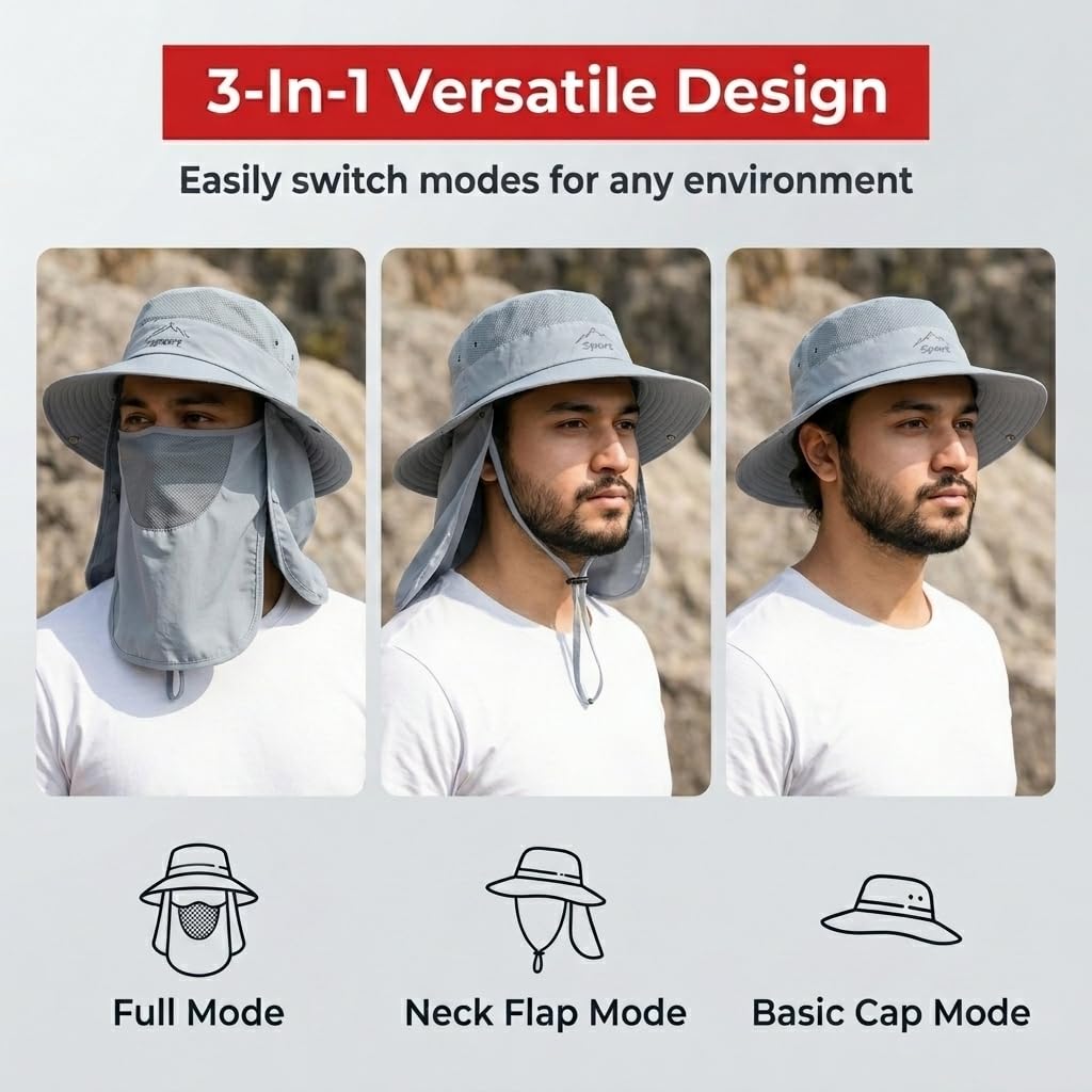 Gustave Sun Protection Hat with Removable Neck Flap, Grey, One Size 4