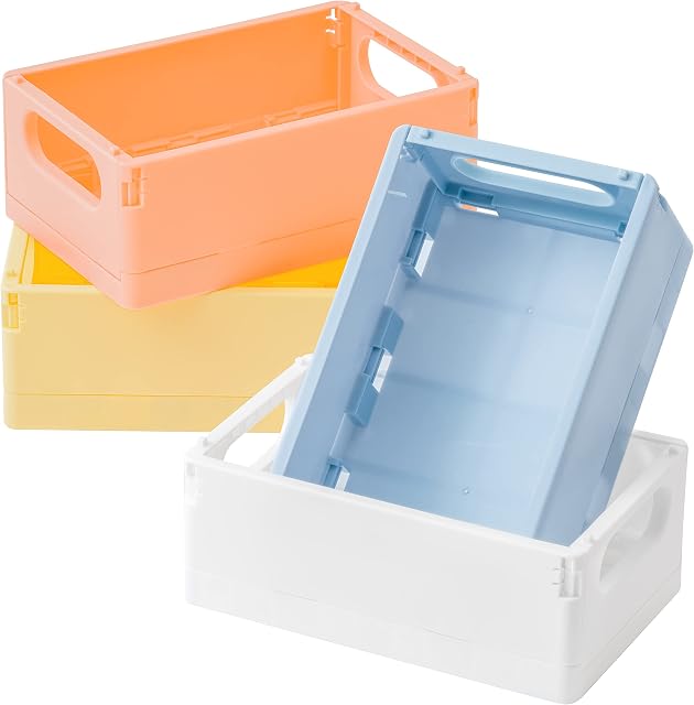 WATINC 4Pcs Mini Foldable Desk Crates Storage Box Plastic Colour Storage Decor Plastic Stackable Table Basket Organizer for Office Bedroom Bathroom Toiletries