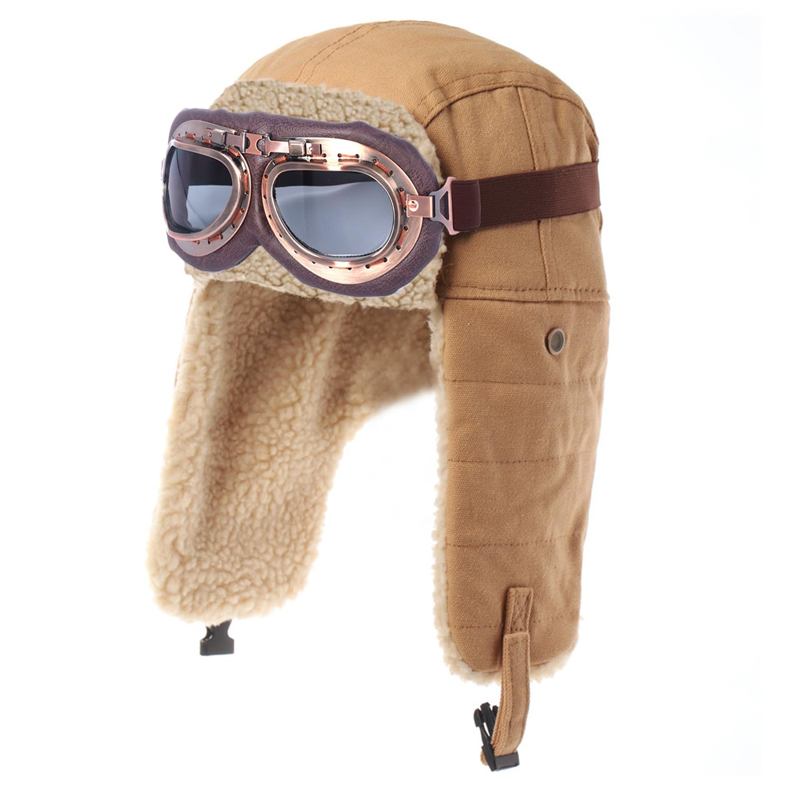 Kodervo Aviator Hat with Goggles Adult Kids - Vintage Pilot Hat Costume, Winter Bomber Hat - Warm Fur Ear Flaps Trooper Trapper Hat for Men Women, Halloween Career Day Birthday Cosplay Costume