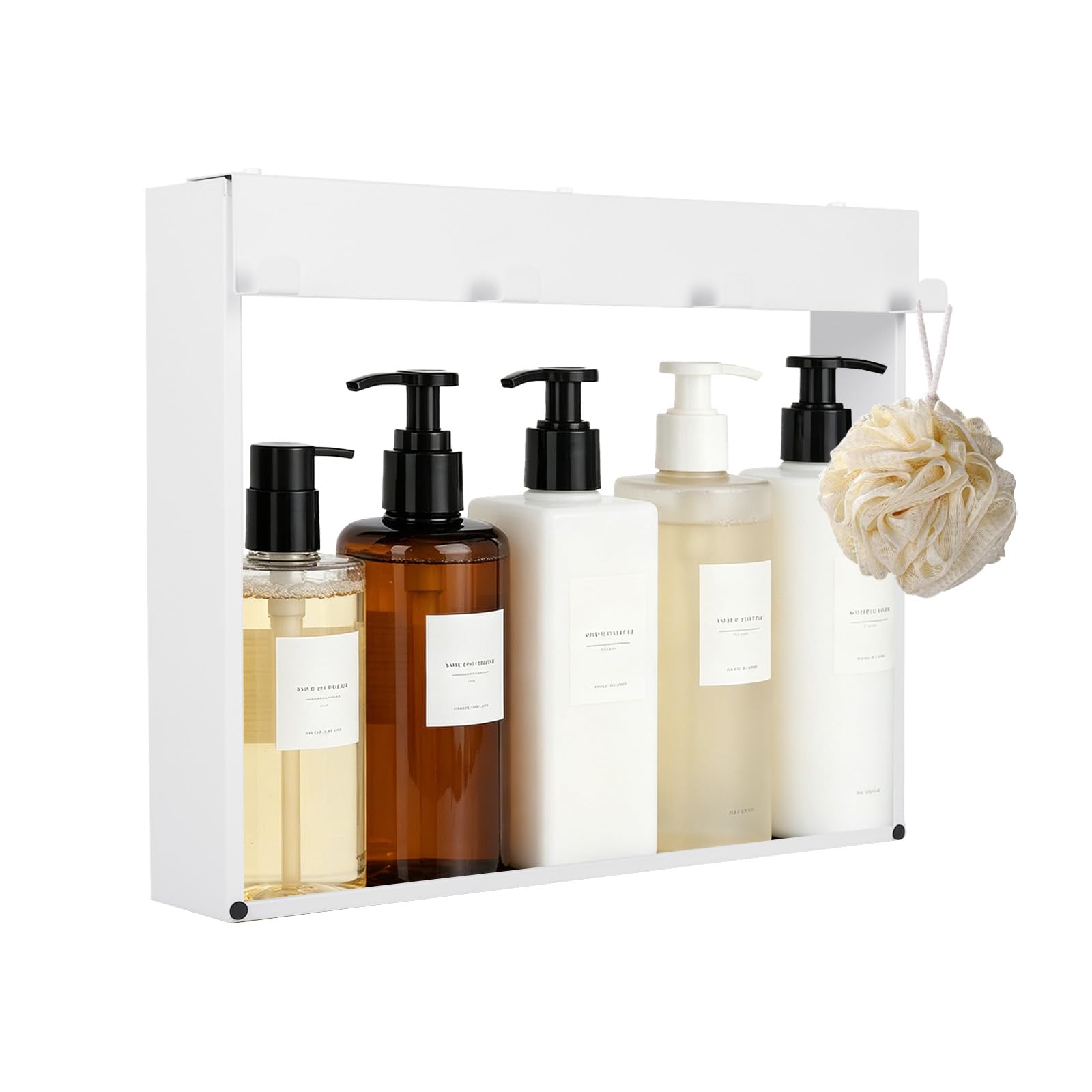 WMLBK Duschablage zum Hängen,40× 50 cm Edelstahl Duschablage ohne Bohren für Rahmenlos Glastür Duschregal mit 4 Haken Shampoo Duschgel Halterung für Badezimmer (Weiß)