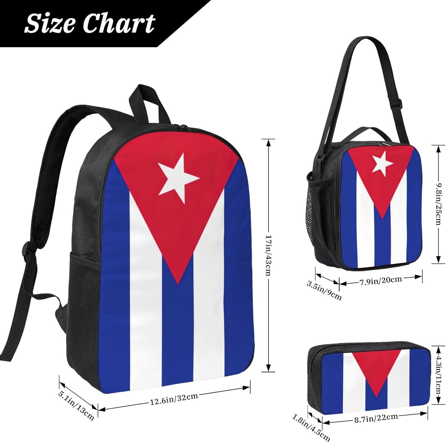 Cuban flag print 3 Piece Backpack Bags with Lunch Box Pencil Case Set for Travel Work Camping Unisex