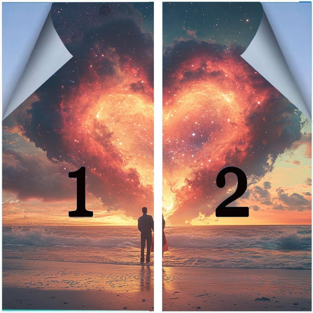 Romantic Heart Clouds Stained Glass Window Stickers Modern Ocean View Couple Privacy Window Film Glass Door Covering Self-Adhesive Decals for Bathroom Kitchen 35.4Wx63L inch x 2pcs