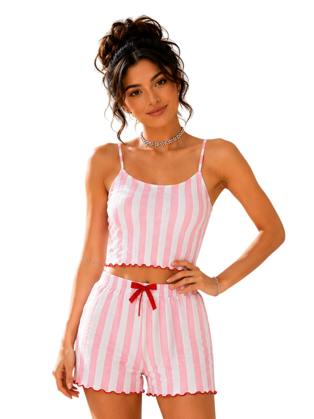 Women's Ribbed Cami Shorts Babydoll | Heart Print Sleepwear for Women | Soft Stretch Loungewear | Sleeveless Spaghetti Strap Top & Elastic Waist Short (Size - S to L)-picture-68