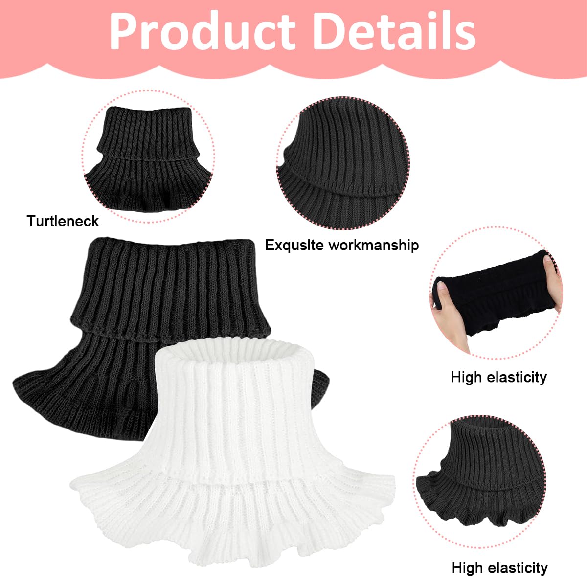 PALAY 2Pcs Knitted Fake Turtle Neck Collar for Women, Black & White 1