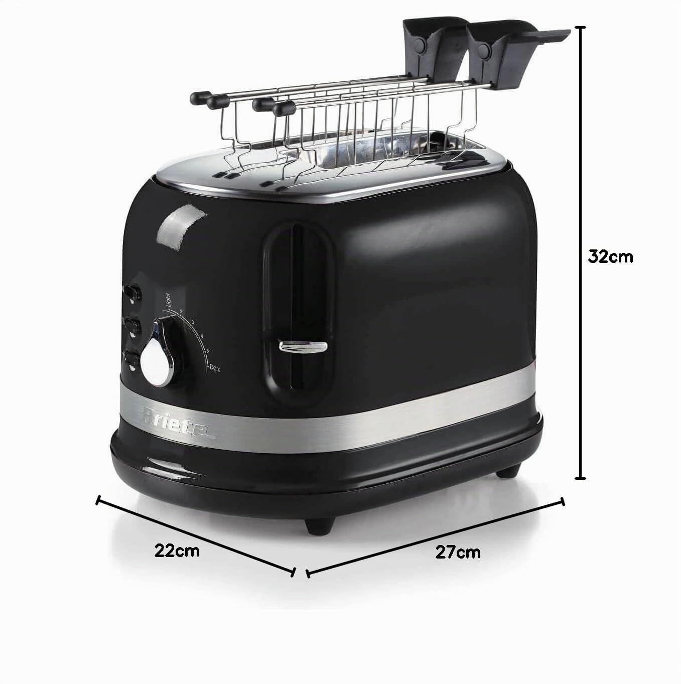Ariete 149 Tostadora 2 rebanadas moderna con pinzas, expulsión automática, cajón recogemigas, función descongelación y calentamiento, 6 niveles de tostado, 800 W, negro