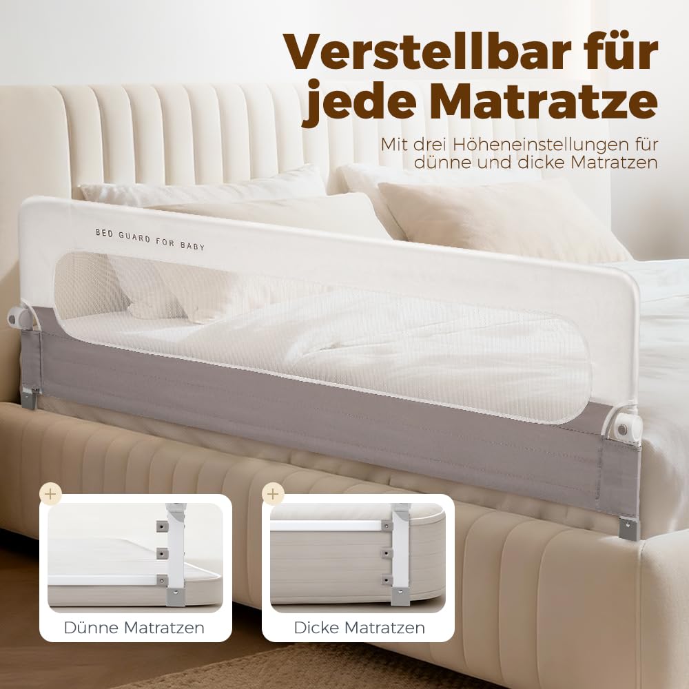 Playpals Baby Bettgitter 150 cm, faltbar & Aufgerüstete U-förmige Basis | 60 cm Höhe stoßfest, Knopf zum Zusammenklappen für den Zugriff, fester Ankergurt, für Queen-, King-, Twin- und Doppelbett