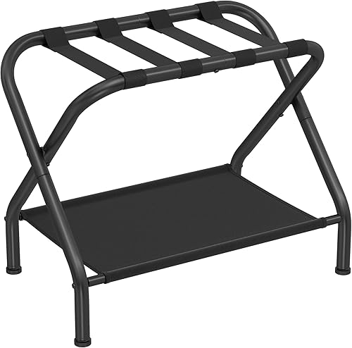 SONGMICS Portaequipajes, soporte para maleta con estante de almacenamiento de tela, para habitación de invitados, dormitorio, hotel, marco de acero