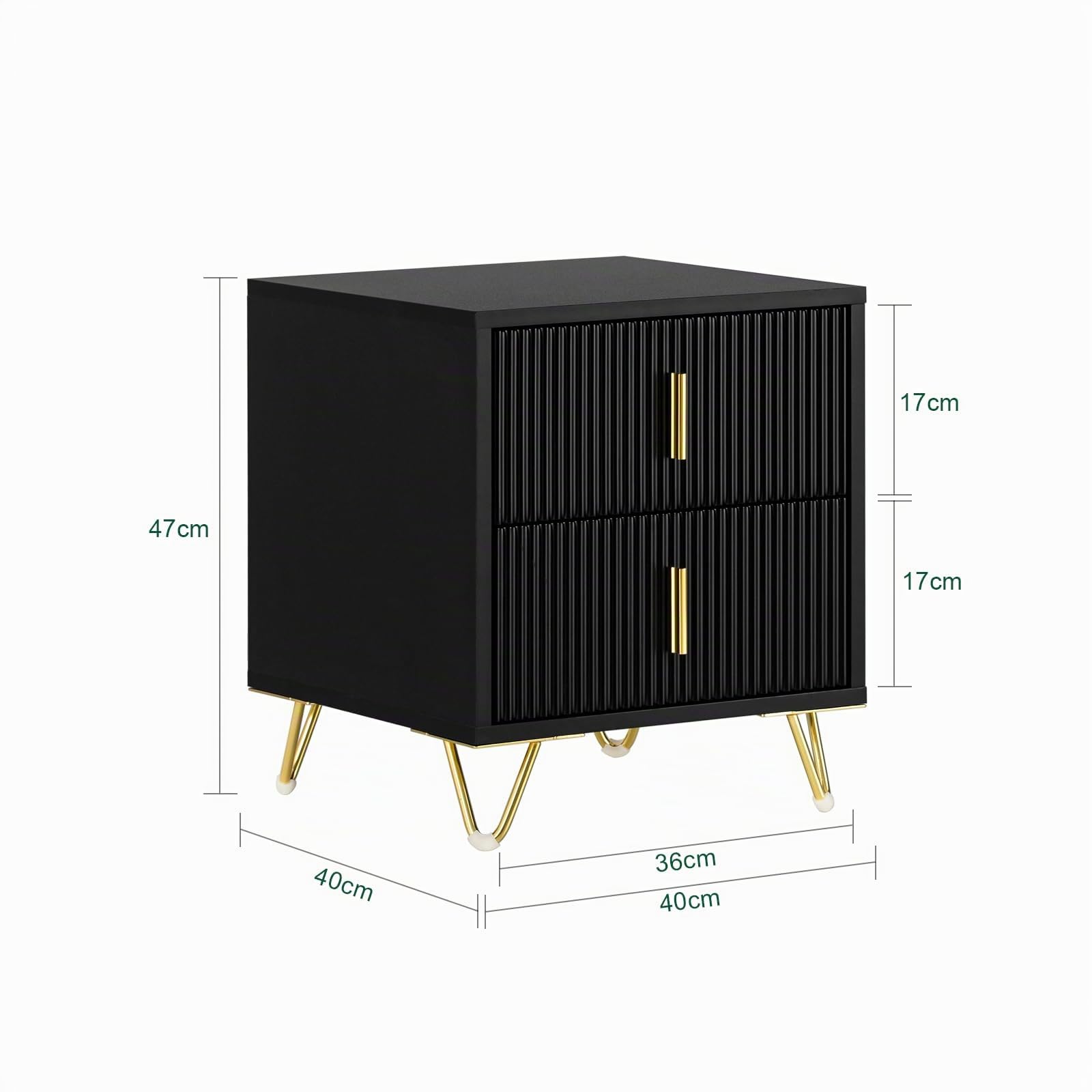 SoBuy set di 2 Comodino camera da letto con 2 cassetti e gambe in metallo dorato, tavolino da letto moderno per camera e soggiorno, Nero, 40x40x47 cm, FBT115-SCHx2