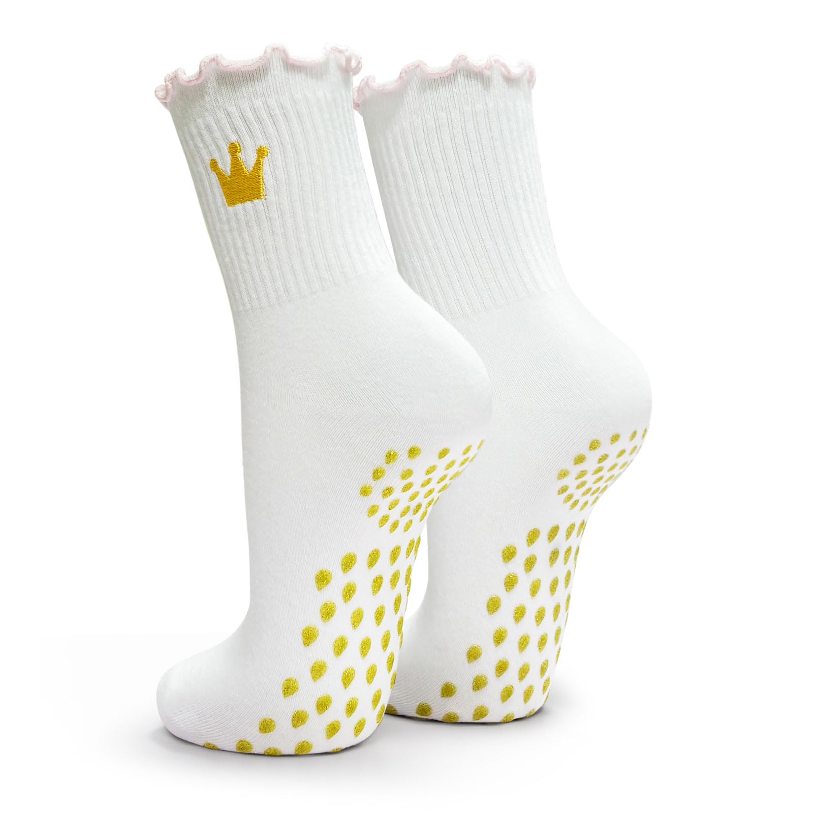 Si Tu Vois Ça Women's White & Yellow Yoga Reformer Pilates Socks Non Slip Grip Grippy Mid-Calf Breathable Cotton Sock For Ballet Dance Fitness Running Hospital (Uk, Numeric, 5, 8, Regular, Regular, )