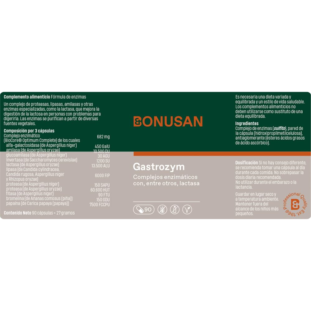 Bonusan Gastrozym 90 Cápsulas Vegetales - Enzimas Digestivas - Complejo Enzimático con Alfa-galactosidasa, Amilasa, Lactasa y Proteasa - Para Salud Digestiva