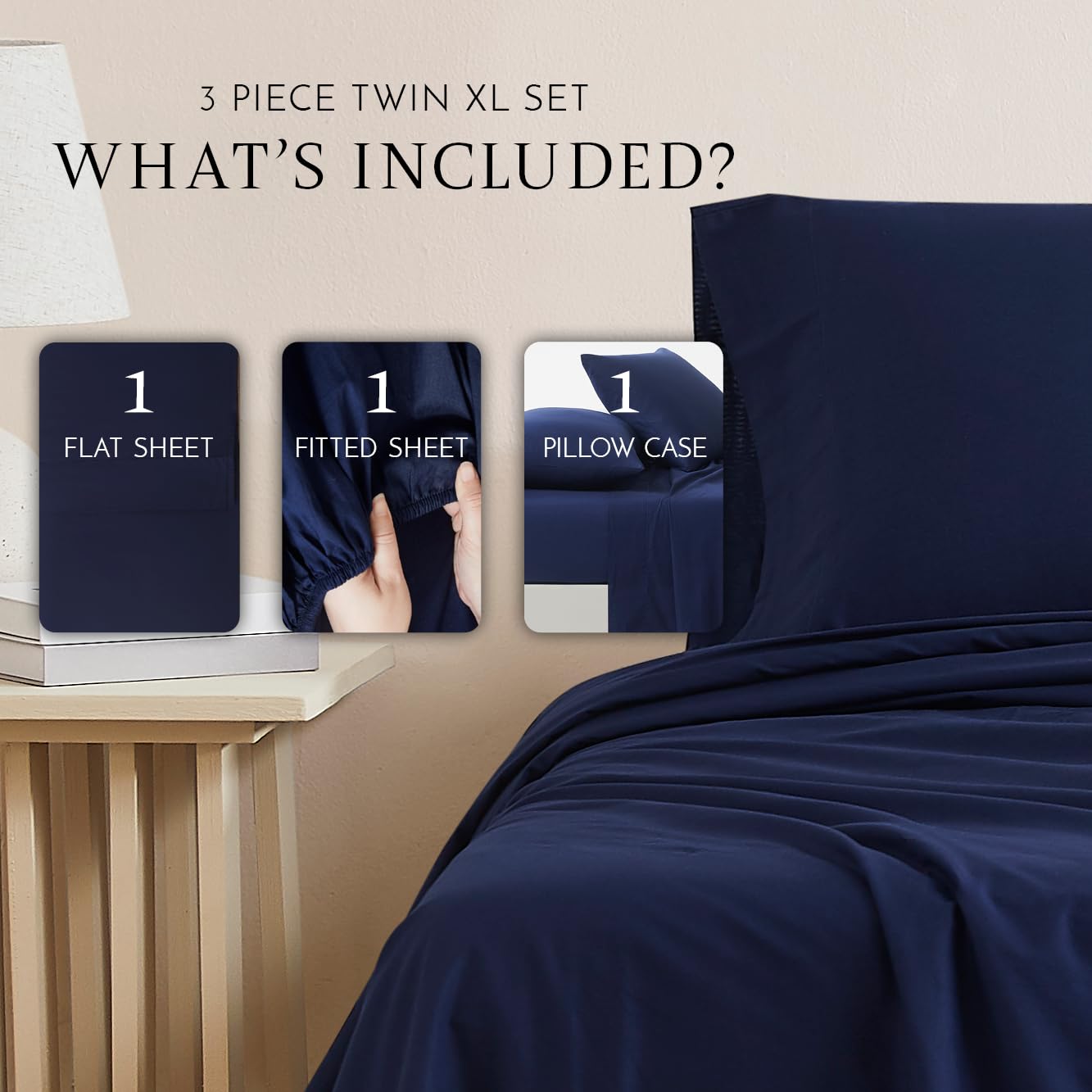 Linen Closet Luxury Cotton 144 Thread Count Organic Cotton 3-Piece Sheet Set,Twin XL, Navy - Image 2