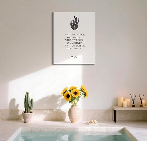 Miniatura 6 de heshengzaixian Lienzo impreso con cita de Buda para pared, meditación zen, gestos con las manos, póster de pared con texto en inglés «What You Think