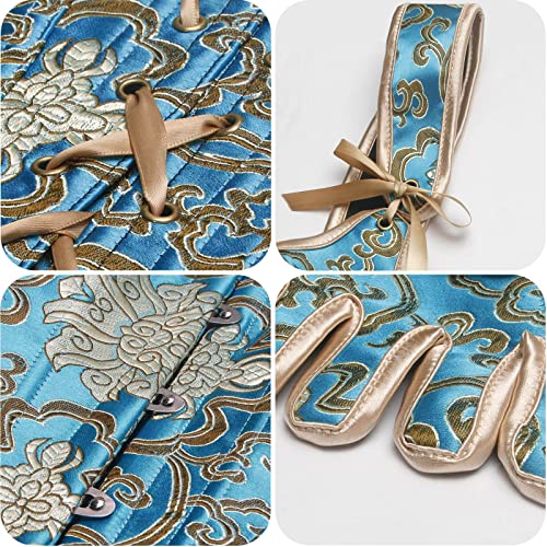 Charmian Women's Victorian Vintage Steel Boned Brocade Lace Up Bustier Overbust Corset Top With Straps Blue/Gold Medium #TOP5