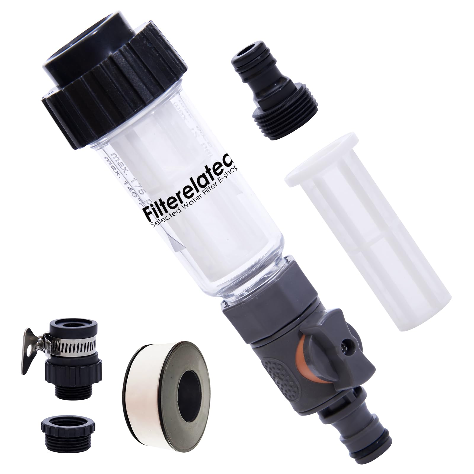 Kit de filtre à eau pour tuyau d'arrosage avec 1 insert filtrant, valve de régulation et 2 adaptateurs rapides comme filtre de remplissage pour nettoyeur haute pression, camping-car, caravane, bateau,