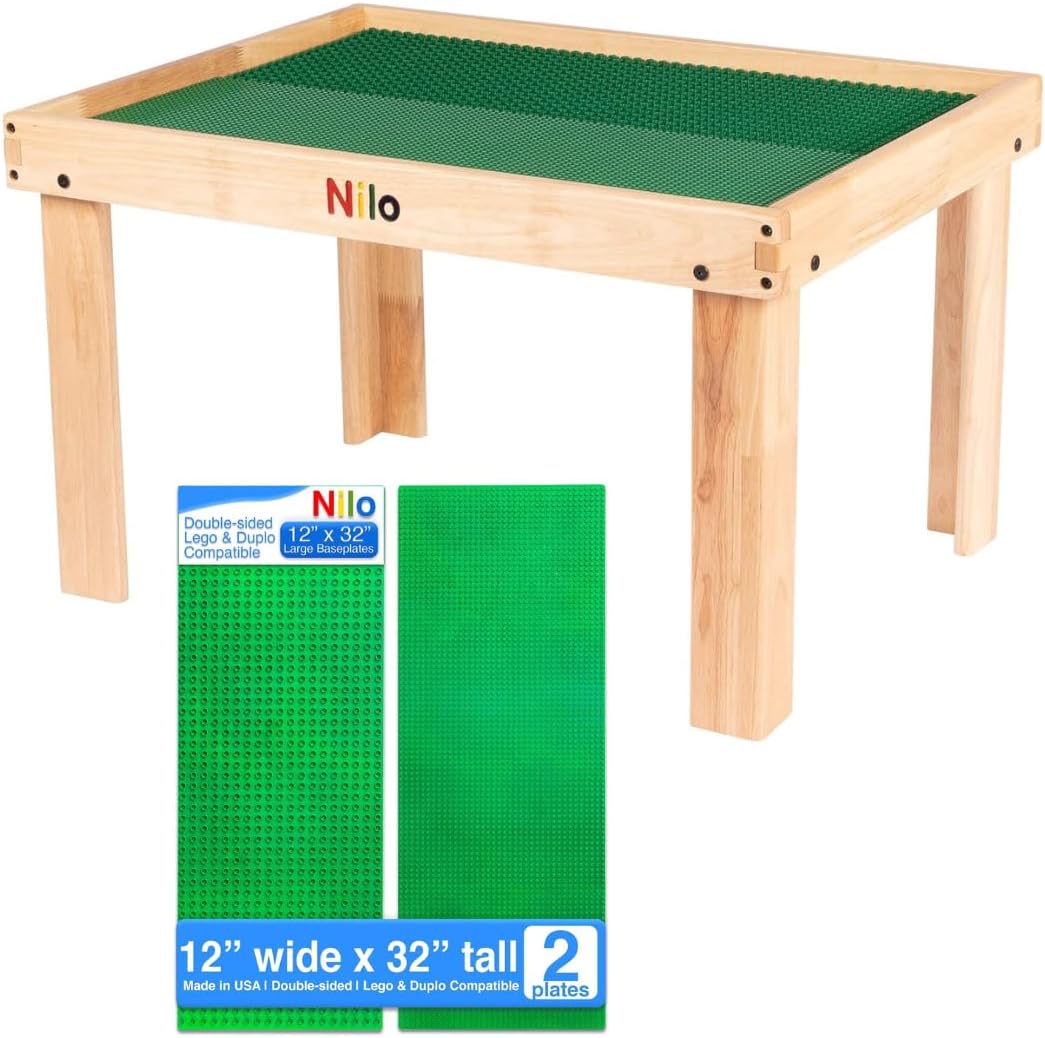 Kids Multi-Purpose Activity Table Set, Plus 2 Compatible Double-Sided Green Baseplate for Small & Large Bricks
