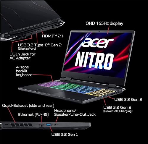 Miniatura 5 de Acer Nitro 5 15.6" QHD retroiluminado IPS 100% DCI-P3 165Hz Gaming Laptop AMD 8-Core Ryzen 7 6800H NVIDIA GeForce RTX 3070 Ti MUX Wi-Fi 6E RJ-45 Win