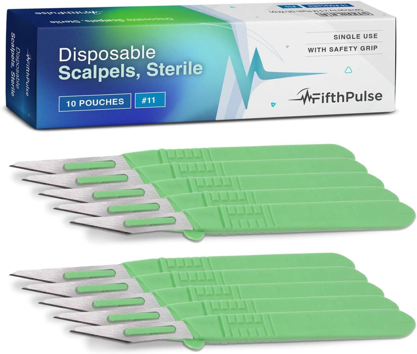 FifthPulse Disposable Surgical Scalpel Knife #11 - Ten Individually Wrapped Sterile Scalpel Blades With Safety Grip