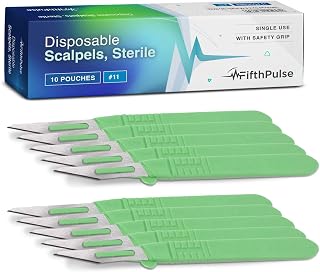 FifthPulse Disposable Surgical Scalpel Knife #11 - Ten Individually Wrapped Sterile Scalpel Blades With Safety Grip