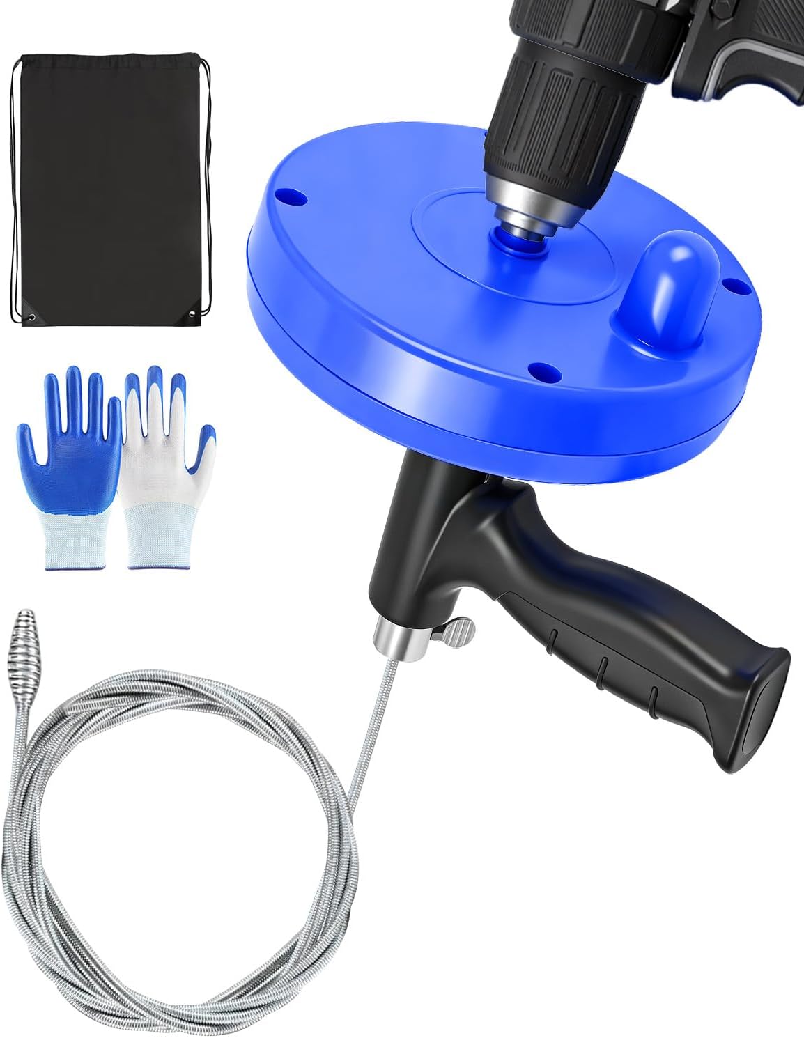 Drain Auger, 25FT Drain Snake with Drill Adapter, Flexible Plumbing Snake Clog Remover with Gloves & Cloth Bag, Use Manually or Powered for Kitchen Bathroom Shower Sink - Blue