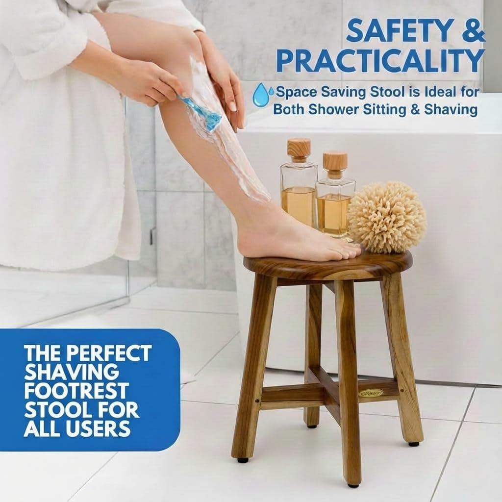 EcoDecors Shoji 12 Inch Round Waterproof Teak Wood Shower Bench Stool Seat Chair For Inside Shower Provides Safety, Storage, and Organization For Bathroom Accessories