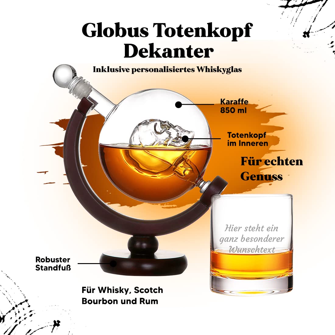 Globus Skull Carafe avec gravure 850 ml Motif blason Verre à whisky personnalisé 320 ml Fabriqué en Allemagne Avec support en bois Idée cadeau pour Noël Décoration de bar, boisson