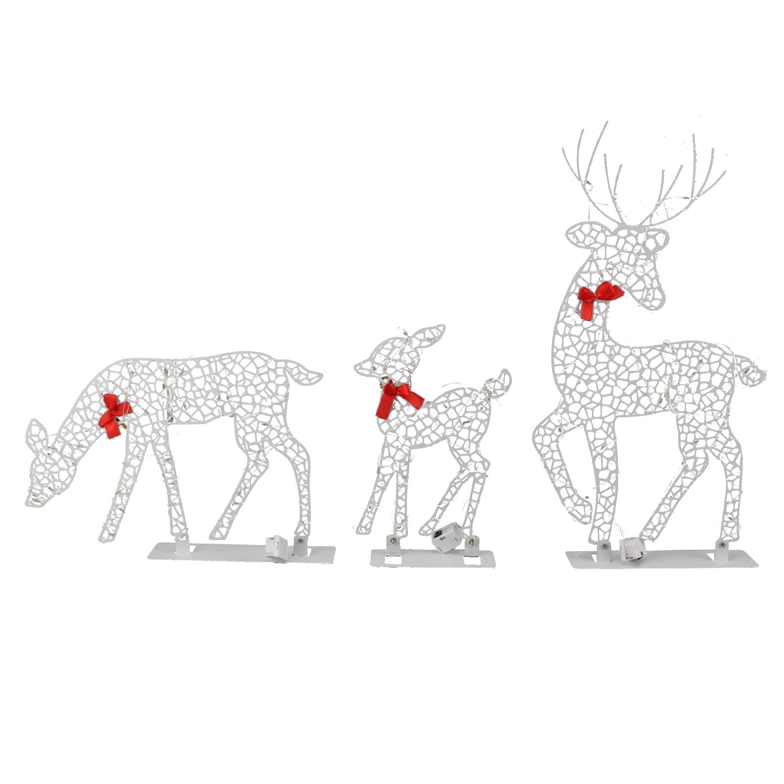 Cocoarm Decorazioni Natalizie Illuminate Cervi Ferro LED Renne Famiglia Set 3 Pezzi Bianco Caldo Decorazione da Tavolo 3D con Fiocchi Rossi e Campanelli per Interni Ed Esterni Portico Giardino
